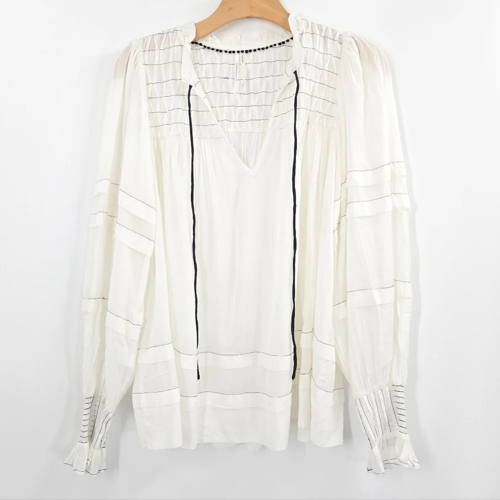 Anthropologie Blouse White Cotton‎ Smocked Peasant Long Sleeve
